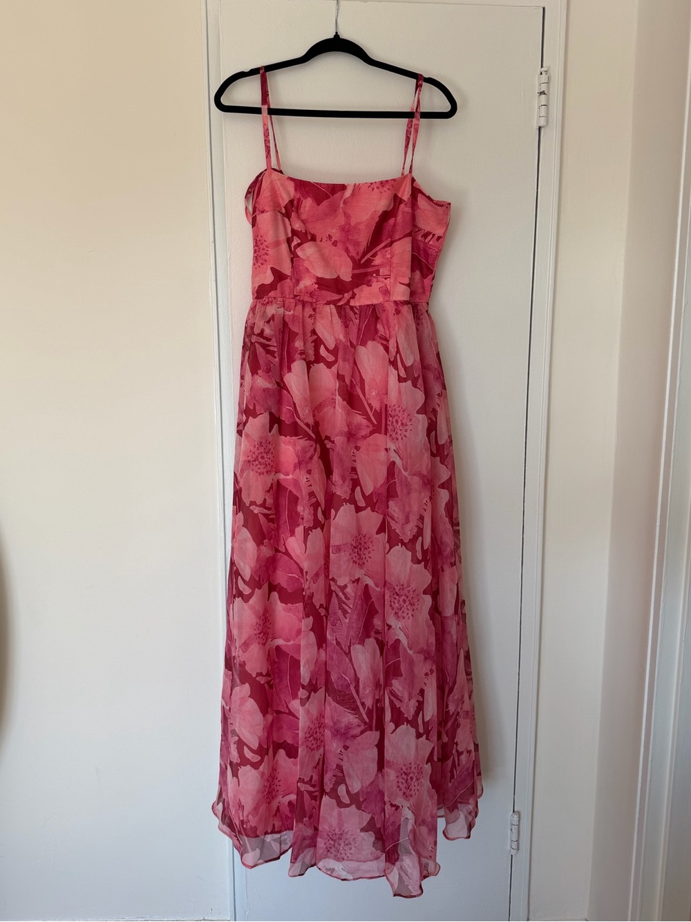Mikael Aghal Pink Floral Maxi Dress with Spaghetti Straps